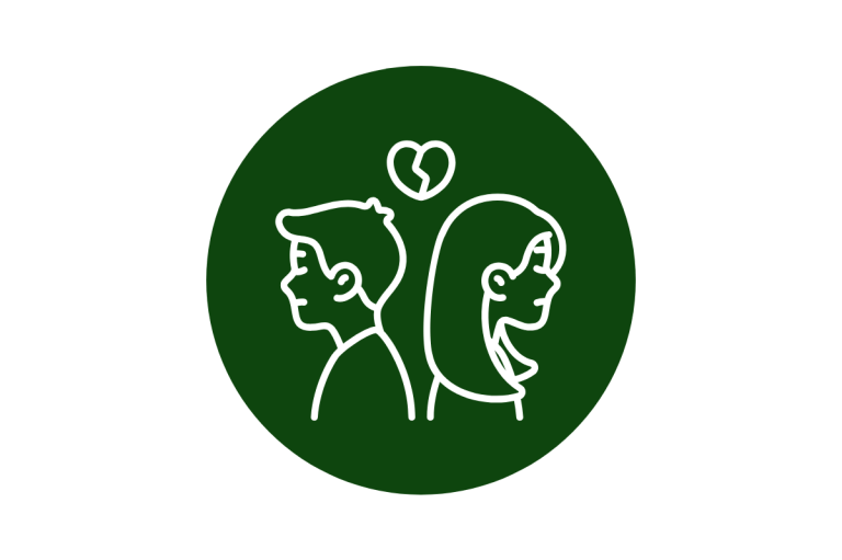 Icon mit einem Mann und einer Frau, die sich voneinander abwenden. Dazwischen ist ein gebrochenes Herz.