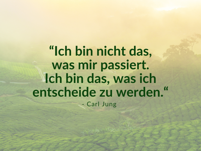 Das Zitat "Ich bin nicht das, was mir passiert. Ich bin das, was ich entscheide zu werden." von Carl Jung, im Hintergrund eine grüne Landschaft.